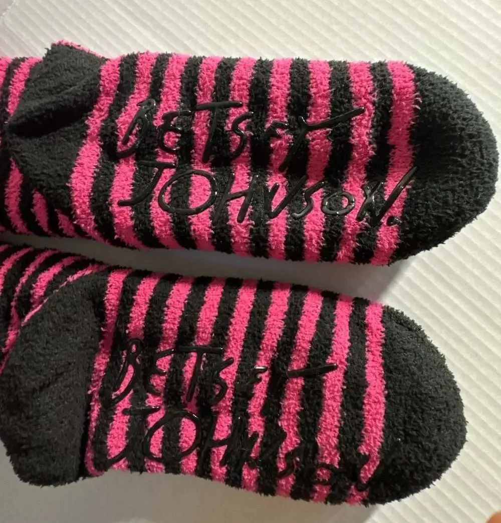 Betsey Johnson Pink and Black Striped Skull Cozy Slipper Socks